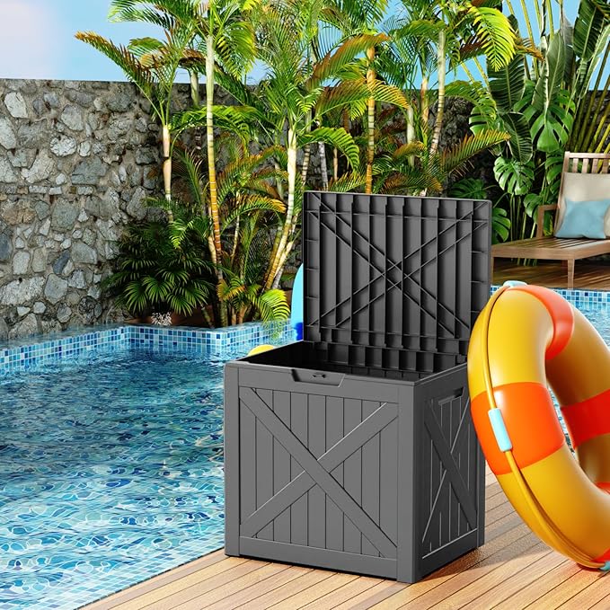 32 Gallon Outdoor Deck Box,Storage Lockable Waterproof Patio Furniture,Garden Tools,Cushions,Pool Accessories Outside Storage Resin Box(Blackn)-Ruum Studio Home