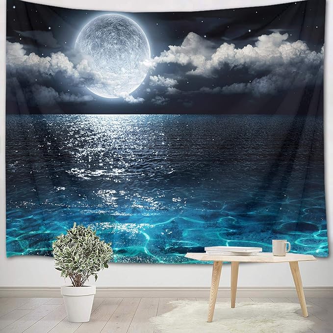 LB Moon Ocean Tapestry - Watercolor Blue Ocean and White Cloud Extra Large Wall Tapestry for Bedroom Starry Night Sky Wall Art for Bedroom Living Room Dorm Decor - 92.5Wx70.9H inches-Ruum Studio Home
