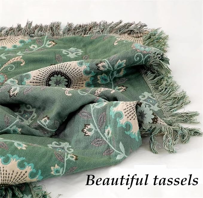 MSGKV Boho Throw Blanket for Couch Bed 100% Cotton Blankets Woven Green Blanket,Versatile Double Sided, Super Soft Warm Blanket 60''x 80''-Ruum Studio Home