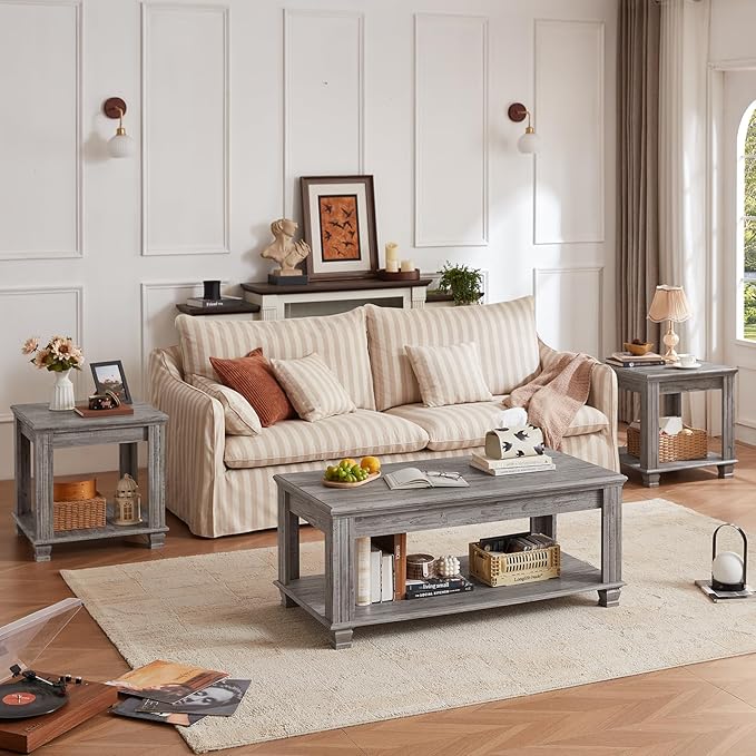 Farmhouse Coffee Tables for Living Room,Square Tea Table with Open Storage Shelf,Large Coffee Table,Rustic Wooden Center Table,Gray-Ruum Studio Home