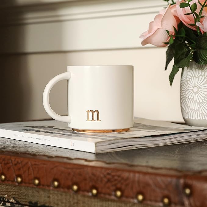 COLLECTIVE HOME - Monogram Ceramic Mugs, 15 oz Golden Initial Coffee Cups, Elegant Alphabet Tea Mugs, Elegant Personalized Mug with Gift Box, Luxurious Cups for Office and Home (m)-Ruum Studio Home