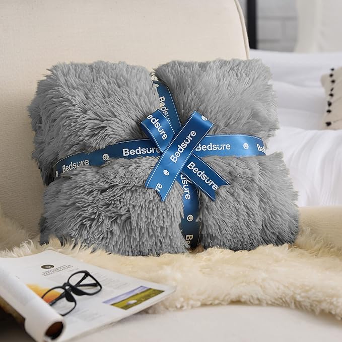 Bedsure GentleSoft Fuzzy Sherpa Faux Fur Twin Blanket Grey Cozy Gifts for Women Men, Soft Fleece Plush Warm Minky Thick Blanket Twin Size for Bed, Couch, Dorm Essentials Grey Room Decor Gifts, 60x80-Ruum Studio Home