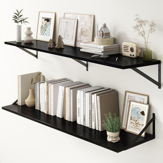 Fun Memories Deep Floating Shelves, 55W x 12D Floating Shelves for Wall, Wood Black Floating Shelf with Bracket, Wide Display & Storage Wall Shelves for Living Room, Bedroom,-Ruum Studio Home
