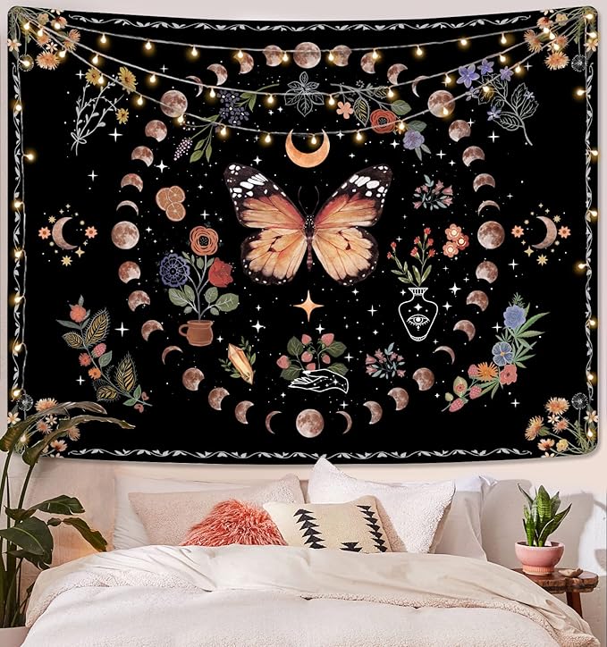 Fowocu Orange Butterfly Moon Flower Tapestry Boho Floral Plant Tapestries for Bedroom Aesthetic Tapastry's Wall Hanging Mandala Botanical Wall Tapestry for Living Room Dorm (Yellow, 80'' × 60'')-Ruum Studio Home