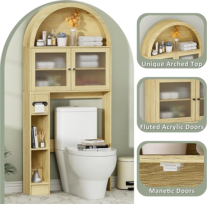 Over The Toilet Storage Cabinet, 31''W Arched Space-Saving Bathroom Organizer with Adjustable Shelf and Acrylic Doors, Freestanding Over Toilet Cabinet for Bathroom, Laundry, Restroom (Oak Wood)-Ruum Studio Home