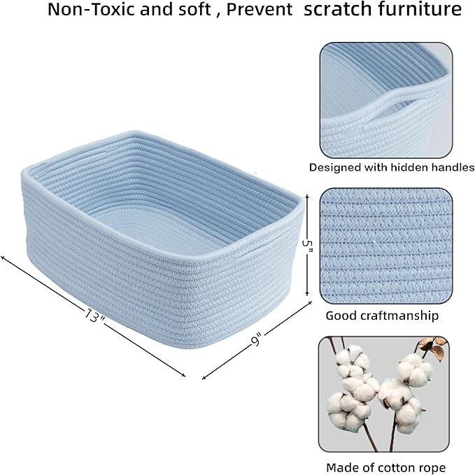 Small Woven Storage Baskets 13“X9”X5“ Decorative Rope Bins for Organizing Shelves, Closets, and Toys, Empty Gift Baskets, Cute Organizer Basket for Home and Office (blue, Large)-Ruum Studio Home