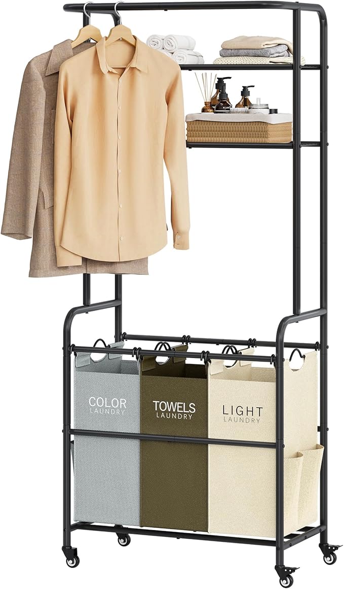 Laundry Sorter 3 Section,Laundry Hamper Cart with Hanging Rack & Removable Bags,Heavy Duty Laundry Basket Organizer with Wheels & 2 Tier Shelf,3 Colors-Ruum Studio Home