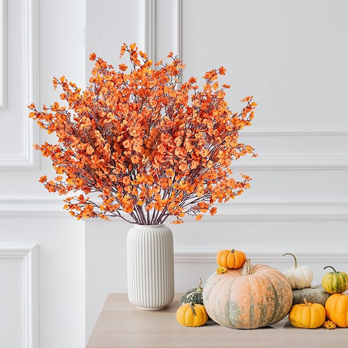 Sggvecsy 15 Pcs Babys Breath Artificial Flowers Gypsophila Bouquets Bulk Real Touch Fake Silk Flowers for Home DIY Floral Arrangement Table Centerpiece Fall Autumn Decoration (Fall Orange)-Ruum Studio Home