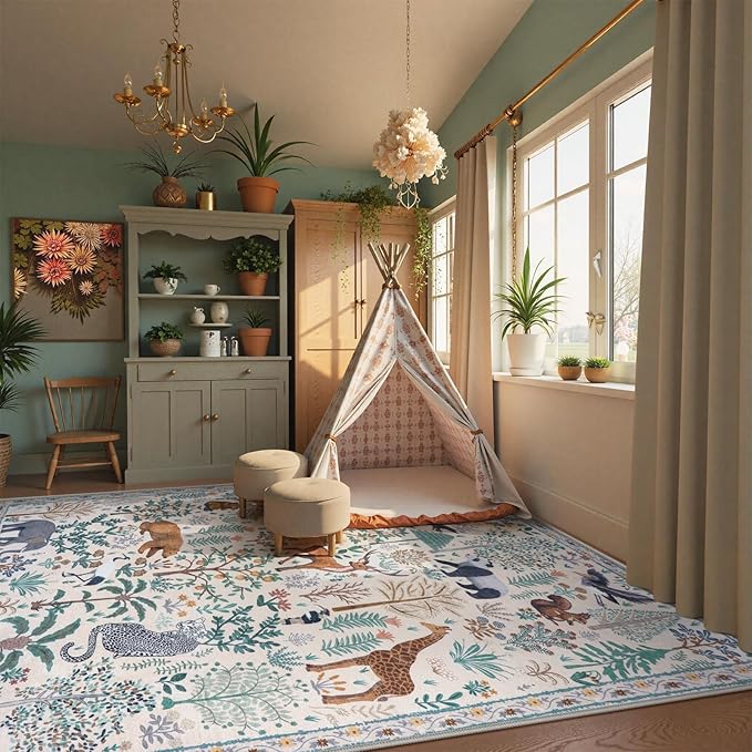 OJIA Jungle Living Room Rug 9x12 Washable Rugs for Bedroom, Ultra-Thin Modern Beige Non-Shedding Large Area Rug Playroom Rug Non-Slip Stain Resistant Accent Carpet for Kids Room Dining-Ruum Studio Home