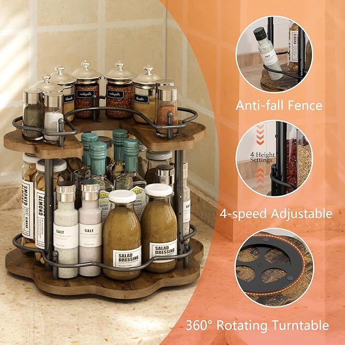 2 Tier Lazy Susan Organizer,2-Tier Spinning Spice Rack with Stable Carousel Base & 4 Height Settings for Cupboard Kitchen Countertop Dining Table Cupboard (Petal Shape)-Ruum Studio Home