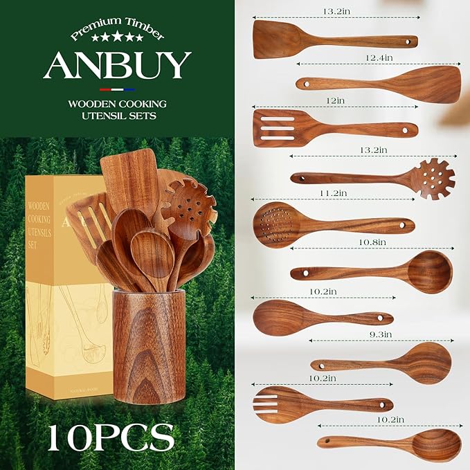 ANBUY Teak Wood Kitchen Utensils Set, Heat Resistant Wooden Spoons for Cooking, 10 Pcs Cooking Utensils Set Wooden, Wood Utensils Set for Cooking Food-Ruum Studio Home