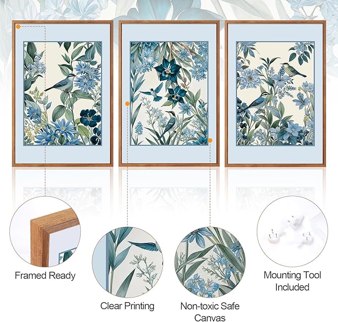 Aurlan Vintage Blue Birds and Botanical Framed Wall Art(16"x24"), 3PCS Classic Chinoiserie Audubon Bird Canvas Artwork, Large Abstract Watercolor Flowers Floral Home Decor for Bedroom Living Room-Ruum Studio Home