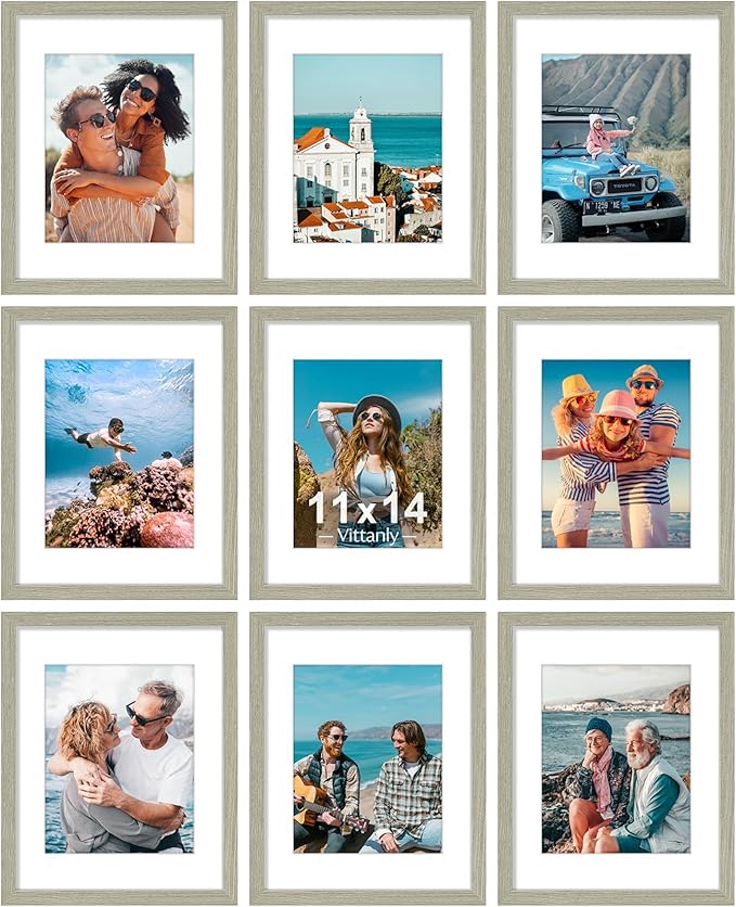 Vittanly 11x14 Picture Frames Set of 9, Shatter Resistant Plexiglass, Display 8x10 Pictures with Mat or 11x14 without Mat, Photo Frames for Wall or Tabletop, Engineered Wood, Driftwood-Ruum Studio Home