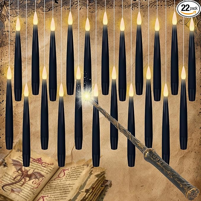 GenSwin 22pcs Flameless Floating Candle with Magic Wand Remote Timer, Battery Operated Hanging Window Candles Flickering, 6.1" LED Electric Candles for Christmas Halloween Decorations(Black)-Ruum Studio Home