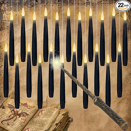 GenSwin 22pcs Flameless Floating Candle with Magic Wand Remote Timer, Battery Operated Hanging Window Candles Flickering, 6.1" LED Electric Candles for Christmas Halloween Decorations(Black)-Ruum Studio Home