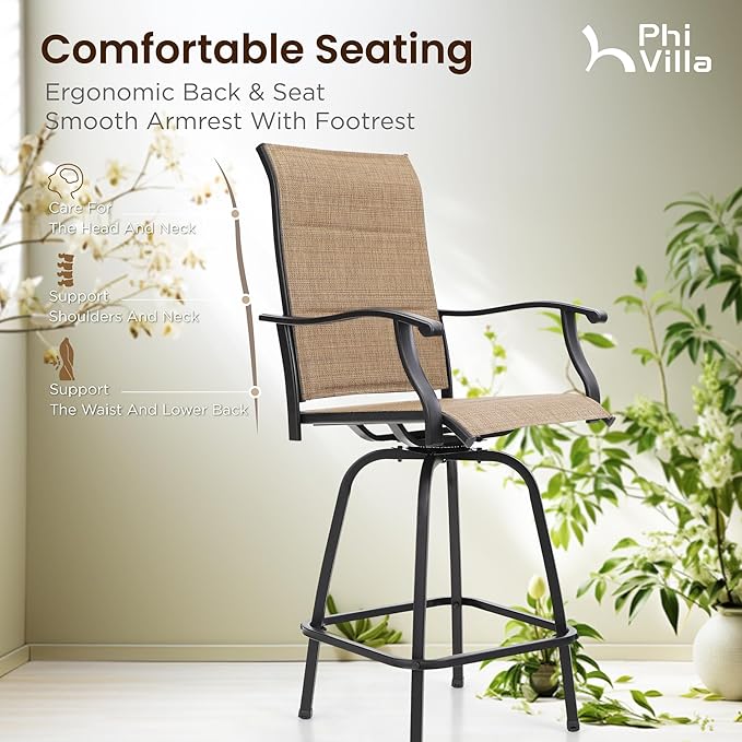 PHI VILLA 5 Piece Outdoor Bar Set, High Top Patio Dining Table and Chairs with 4 Swivel Padded Bar Stools (Brown) & Wood-Like Steel Bar Table for Deck, Garden, Poolside and Porch-Ruum Studio Home