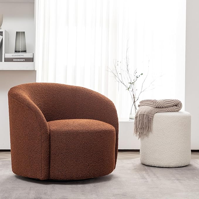 KINWELL 34" Boucle Swivel Barrel Chair with 18" Round Ottoman Set, Fully Assembled Set of Sherpa Accent Chair and Footrest, Modern Comfy Armchair and Footstool for Living Room and Bedroom, Brown-Ruum Studio Home