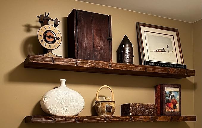 joelsantiques Floating Shelf, Wood Wall Shelf, Natural Wooden Home Decor for Bathroom Kitchen Bedroom, Hanging Mounted Invisible Bracket (Medium Brown, 7" Deep x 48" Wide)-Ruum Studio Home