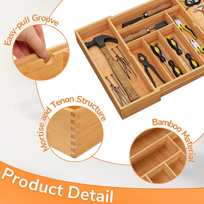 BAMEOS 3" Deepth Expandable Drawer Organizer, Deep Flatware Organizer, Adjustable Silverware Organizer, Bamboo Drawer Organizer for Kitchen, Bathroom (Natural)-Ruum Studio Home