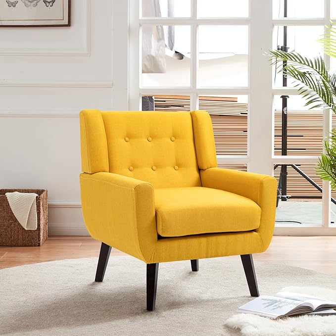 UIXE Accent Chair, Modern Upholstered Armchair Mid-Century Arm Chair in Fabric for Living Room, Comfy Single Sofa Seats Button Tufted Reading Seating, Yellow-Ruum Studio Home