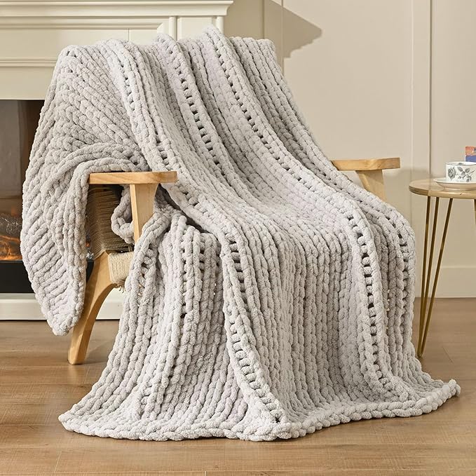 Esterra Chunky Knit Blanket Throw 60"x80", 100% Hand Knitted Chenille Throw Blanket, Cozy Soft Thick Cable Knit Throw Large Rope Knot Crochet Throw Blanket for Sofa Couch Bed, Light Gray-Ruum Studio Home