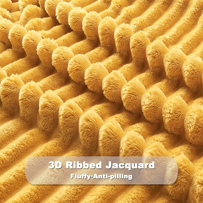 NEWCOSPLAY Super Soft Throw Blanket Mustard Yellow Premium Silky Flannel Fleece 3D Ribbed Jacquard Lightweight Bed Blanket All Season Use (Mustard Yellow Ribbed, Throw(50"x60"))-Ruum Studio Home