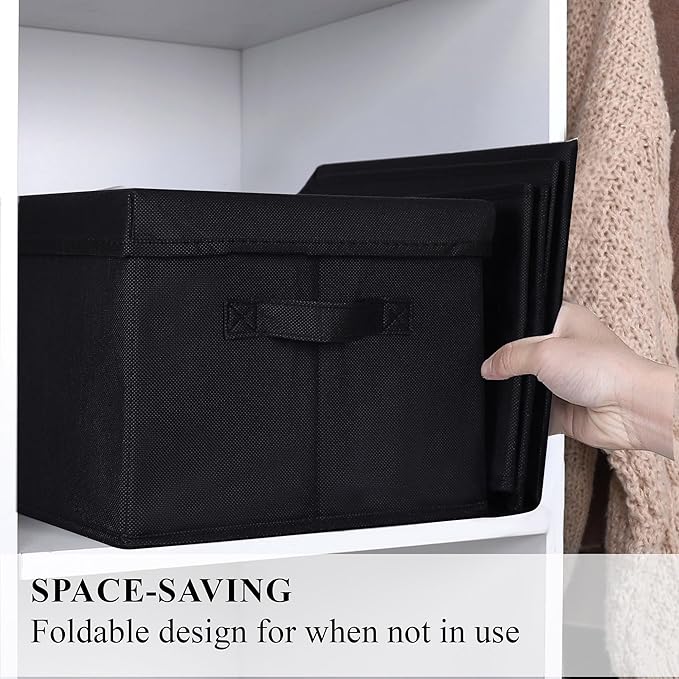WUIKE 3 Pack Large Fabric Storage Bins with Lids, Decorative Storage Boxes with Handles, Storage Baskets for Shelves, Foldable Storage Containers, Closet Organizers for Towels, Clothes, Black-Ruum Studio Home