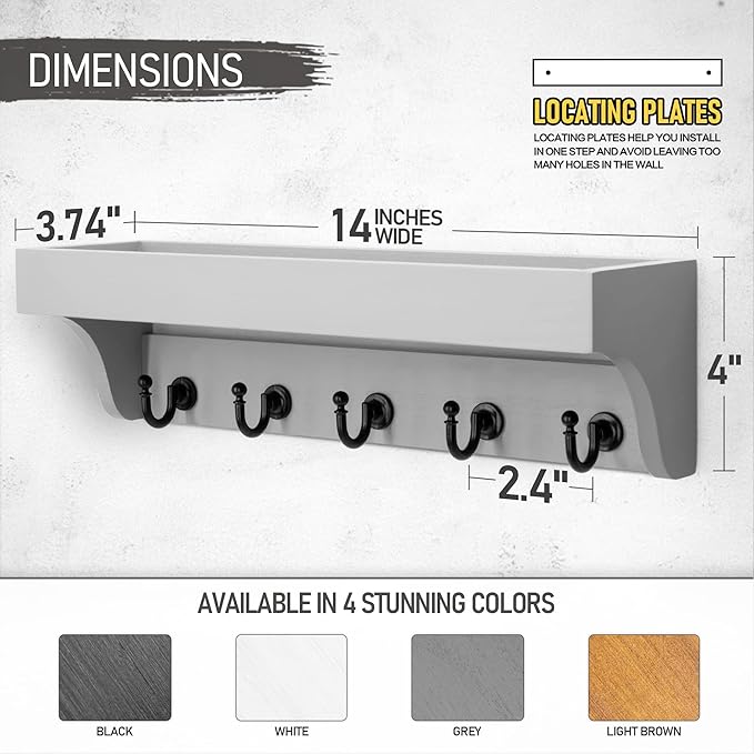 Rebee Vision Decorative Key Holder for Wall - Modern Farmhouse Wall Mount Mail Organizer Keys Hanger with Floating Shelf, 5 Rustic Key Hooks for Entryway Home Decor (Gray)-Ruum Studio Home
