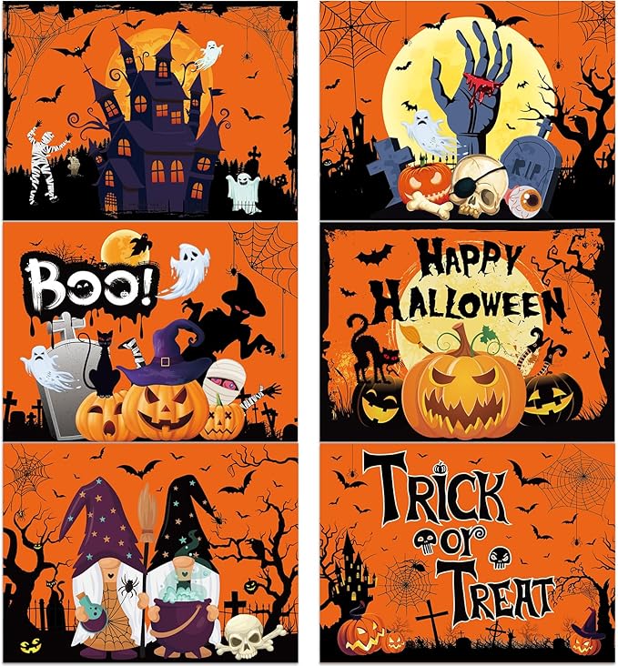 Plastic Placemats Set of 6 Halloween Table Mats - Trick or Treat Kitchen Decor - Wipe Clean, Washable, Recyclable - Orange Place Mats for Indoor/Outdoor - Heat Resistant - Kitchen/Dining Table-Ruum Studio Home