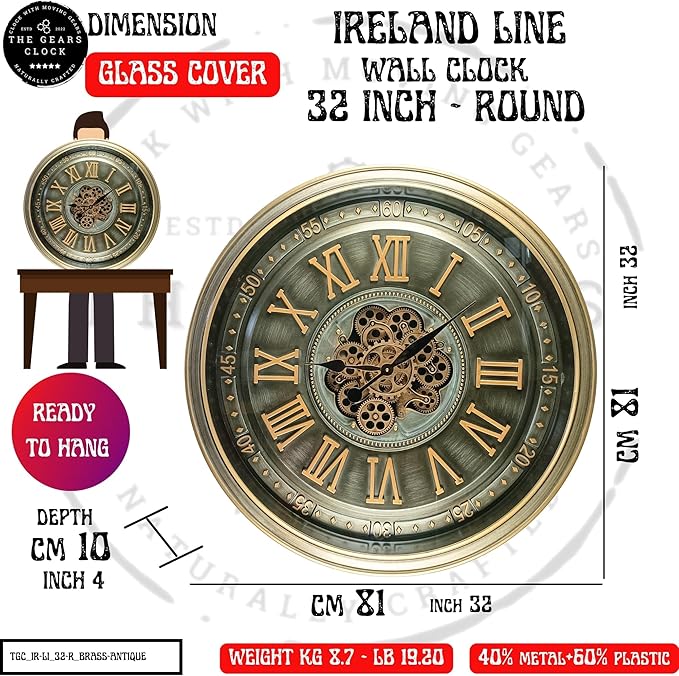 32'' Inch Real Moving Gear Wall Clock Ireland Line (Brass Antique, 32 inches (80 cm))-Ruum Studio Home