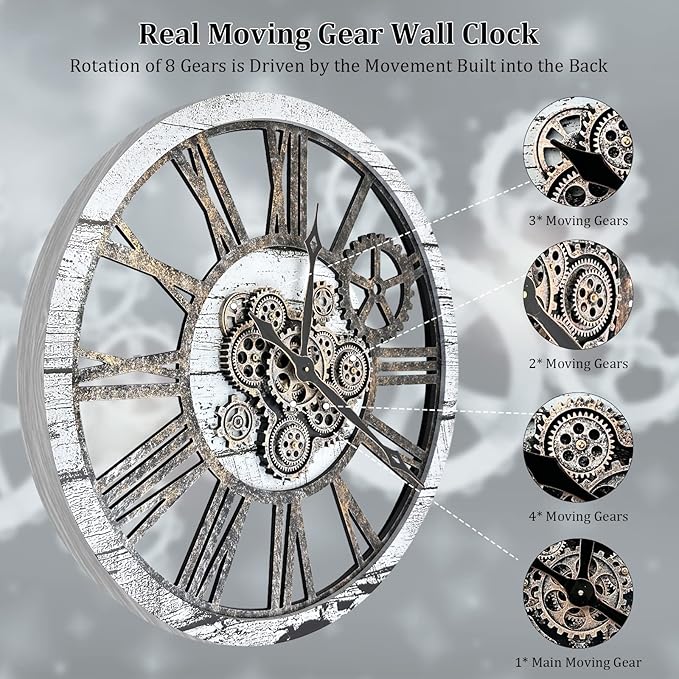 HOIBAI Large Wall Clock Clocks for Living Room Decor Oversized 30 Inch Wall Decor Farmhouse Vintage Rustic Industrial Roman Big Chic Home Decor Wall Clock for House Bedroom, Moving Gears Clock-Ruum Studio Home