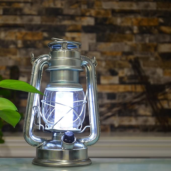 YAKii LED Vintage Lantern Metal Hanging Hurricane 12 LED Dimmer Switch Cold White Battery Operated Power Outage Indoor Camping Lighting Outdoor Brooklyn Decoration(Silver)-Ruum Studio Home