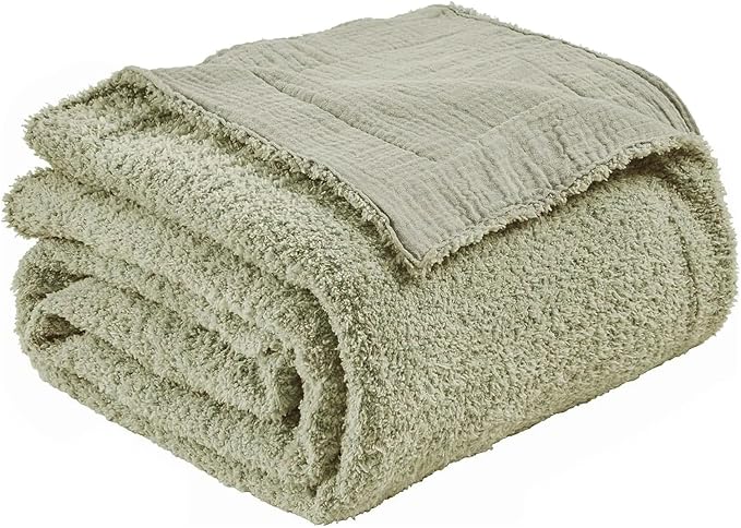EMME Muslin and Fleece Throw Blanket Reversible - 50"*60" Sage Green Soft Warm Throw Blankets for Couch Bed Picnic Travel Bed-Ruum Studio Home