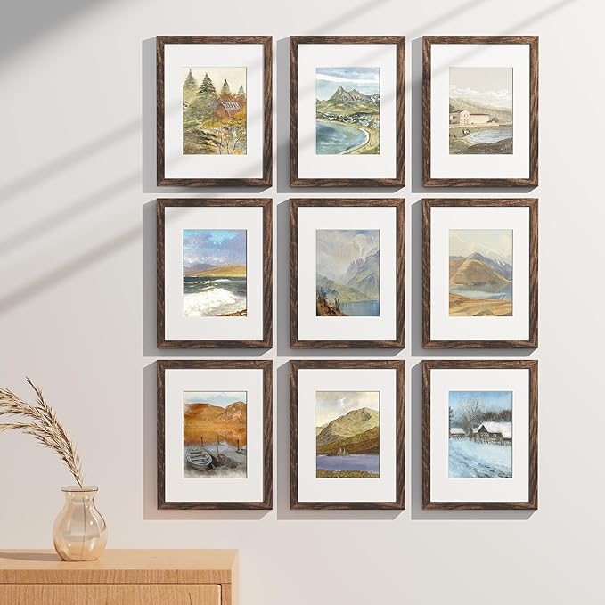 Vittanly 9x12 Picture Frames Set of 9, Shatter Resistant Plexiglass, Display 6x8 Pictures with Mat or 9x12 without Mat, Photo Frames for Wall or Tabletop, Engineered Wood, Brown-Ruum Studio Home
