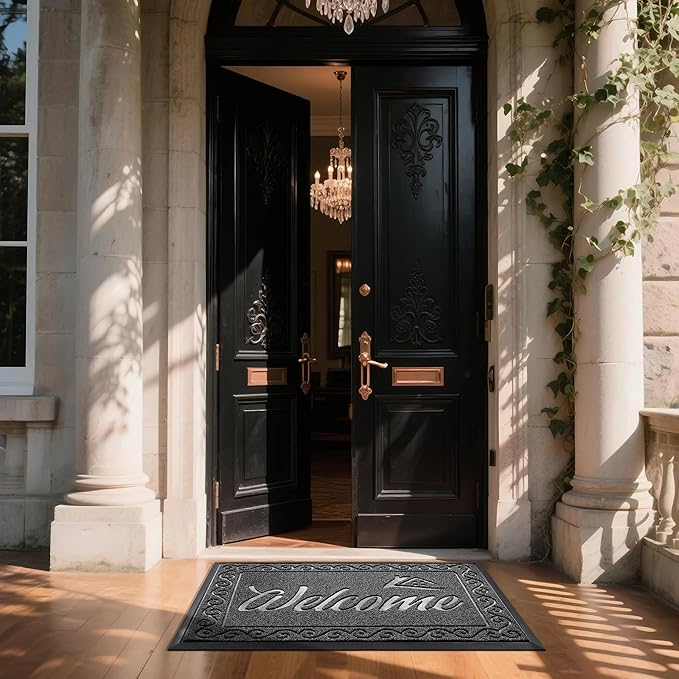 Yimobra Welcome Mat, Heavy Duty Sturdy Door Mats for Home Entrance Outdoor Indoor, Front Doormat for Outside Patio Floor Entry Porch Garage Office, Waterproof, Low Profile, 47X32 Inches, Black Grey-Ruum Studio Home