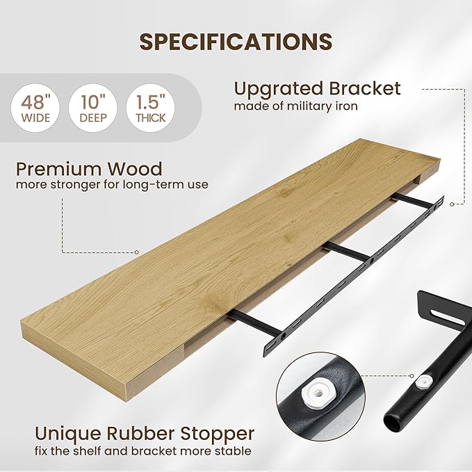 Fun Memories 48 Inch Floating Shelves for Wall - 10 Inch Deep Fireplace Mantel Shelf - Wood Floating Shelves for Wall - Large Storage Shelves Wall Mount for Living Room & Bedroom - Oak - Set of 1-Ruum Studio Home