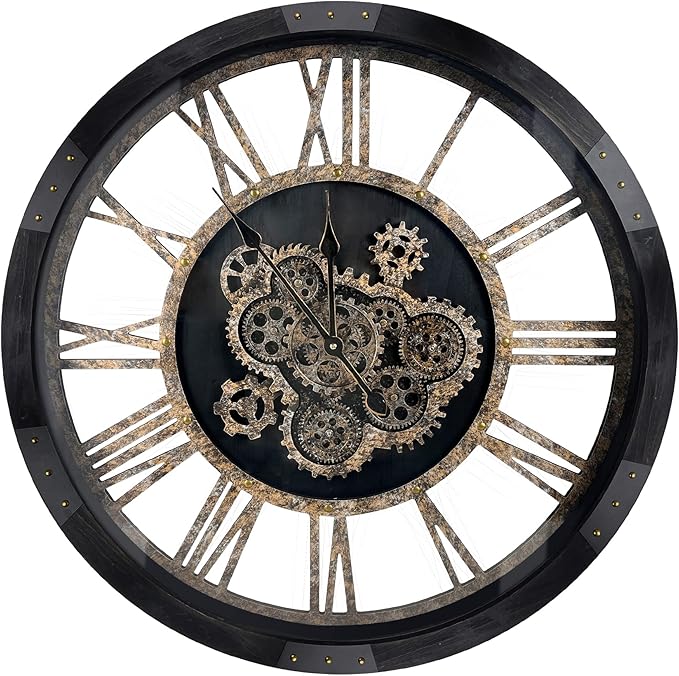 DORBOKER 30" Large Wall Clock Moving Gears,Oversized Industrial Rustic Farmhouse Clocks for Living Room Decor Office Home, Solid Wood Retro Metal HD Tempered Glass Cover,Black and Vintage Bronze-Ruum Studio Home