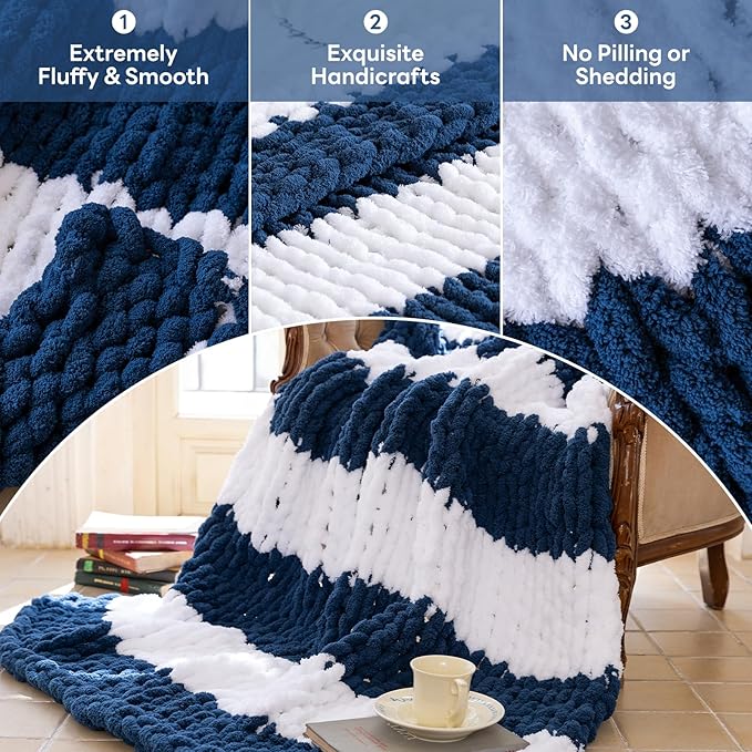 Chunky Knit Blanket - Luxury Soft Cozy 60 * 80 Throw Blanket,100% Woven Blanket Rope Knot Throw Blanket for Couch, Sofa, Home Decor, Gift - Machine Washable（White/Deep Blue）-Ruum Studio Home