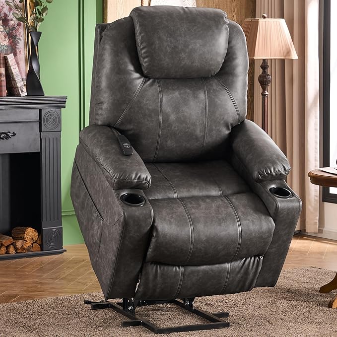 SALOHZA Power Lift Recliner Chair for Elderly with Massage and Heat for Living Room, Electric Recliner Chair for Adults with USB/Type C Port/Cup Holders, PU Faux Leather, Grey-Ruum Studio Home