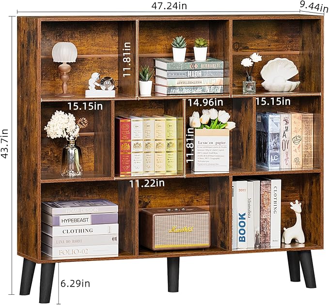 LEYAOYAO 10 Cube Bookshelf,3 Tier Modern Wide Bookcase with Legs,Mid-Century Wood Bookshelves Storage，Brown Large Book Case,Freestanding Organizer Display Shelf for Bedroom,Living Room,Office-Ruum Studio Home