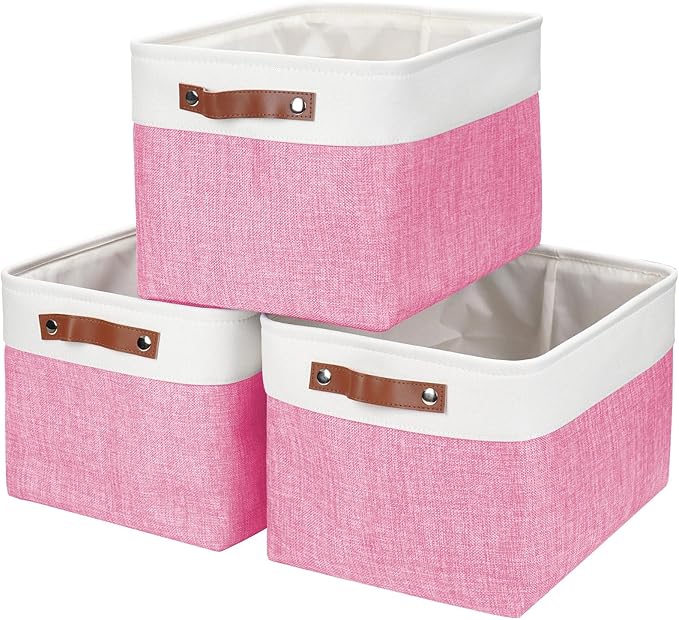 Storage Bins Large Fabric Storage Baskets for Shelves 3 Pack, Decorative Linen Closet Baskets with Handles for Organizing, Shelf, Clothes, Home, Office, 15x11x9.5Inches (Pink&White)-Ruum Studio Home