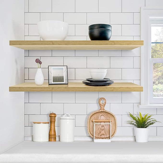 Sorbus Floating Shelves for Wall - 35 Inch Long Bathroom Shelves, Wall Decor for Bedroom, Kitchen, Living Room & Book Storage - Mounted Floating Shelf with Invisible Brackets (Maple Wood, 2 Pack)-Ruum Studio Home