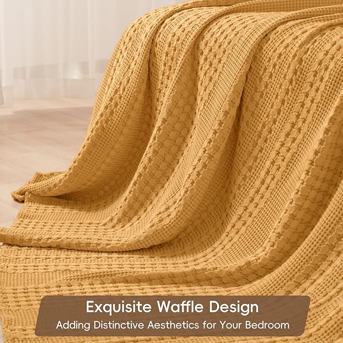 PHF 100% Cotton Waffle Weave Blanket Twin Size, Soft Lightweight Breathable Cozy Summer Blankets for Bed, Luxury Aesthetic Woven Bedding for Home Decor, 66"x90", Ginger/Honey Yellow-Ruum Studio Home