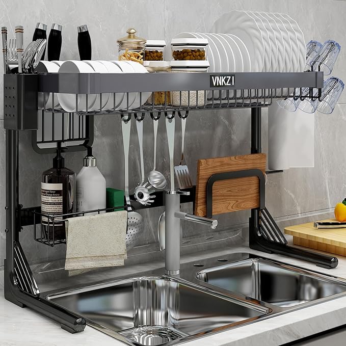 VNKZI Over Sink Dish Drying Rack, 2 Tier Stainless Steel Storage Adjustable Length (25.98'' to 36.61'') Kitchen Rack, Multifunctional Expandable Counter Organizer, Space Saver Dish Rack-Ruum Studio Home
