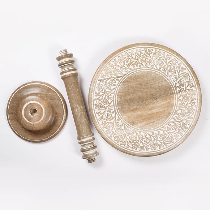 Lightnpro Carved Round End Table with Single Pillar - Handcrafted Accent Bedside Nightstand Side End Table for Living Room, Entryway, Vintage Desk for Books, Plants & Décor - 18x22 Inch - White Wash-Ruum Studio Home