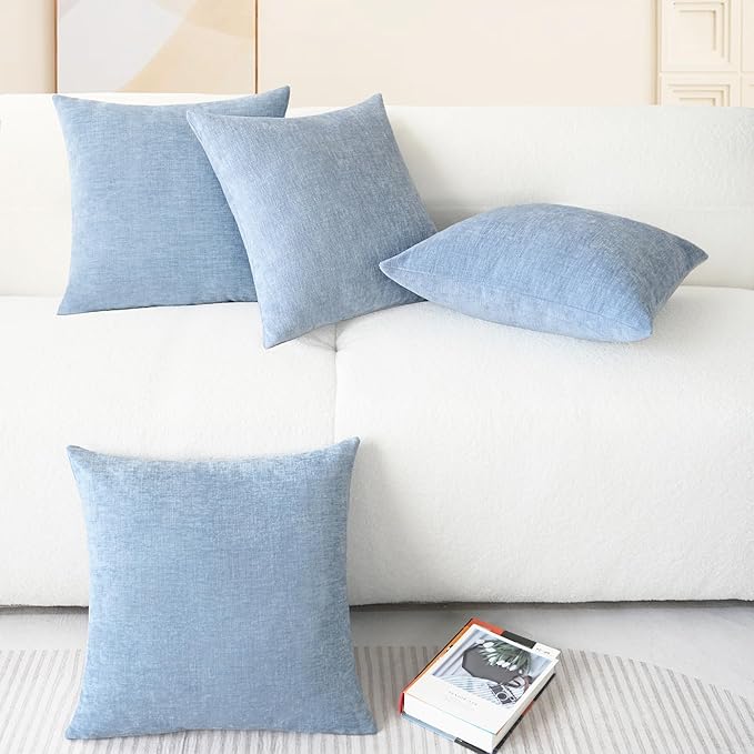 CaliTime Throw Pillow Covers Decorative 18 X 18 Inches Pack of 4 Cozy Chenille Cushion Cases for Couch Sofa Bed Living Room Home Baby Blue-Ruum Studio Home