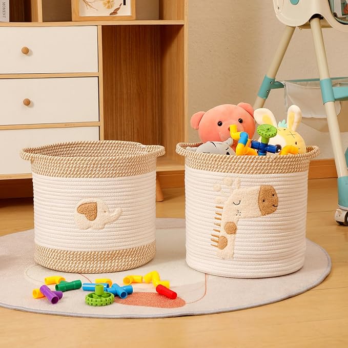 INough Toy Storage Baskets Woven Cotton Rope Storage Basket for Kids, Blanket Baskets for Living Room Toys Organizer with Embroidery Decor, Cute Baskets with Handle for Nursery, Playroom (Giraffe)-Ruum Studio Home