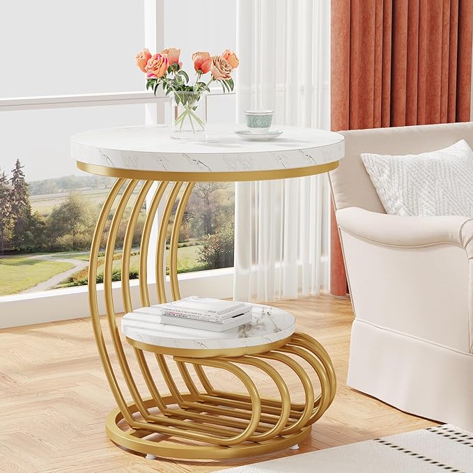 Tribesigns Gold Round End Table: 2 Tiers Faux Marble Side Table with Storage Shelf, Modern White Gold Bedside Nightstand, Metal Arc-Shaped Frame Accent Table for Living Room, Bedroom-Ruum Studio Home