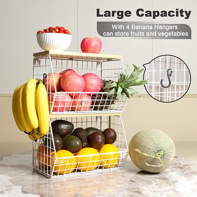 Fruit Basket, 2-Tier Fruit Bowl for Kitchen Counter, Stackable Wall Mounted Fruit Storage, Snack Organizer, Potato and Onion Storage Basket, Hanging Pantry Storage with Wood Lid, 2 Set, White-Ruum Studio Home