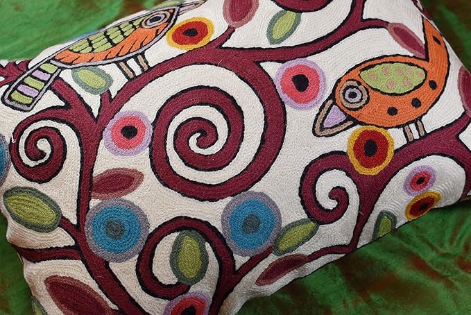 Lumbar Klimt Modern Pillow Cover | Cream, Multicolor Tree of Life, Birds, Floral Suzani Floral Pattern | 14" x 20" | 1 Count-Ruum Studio Home